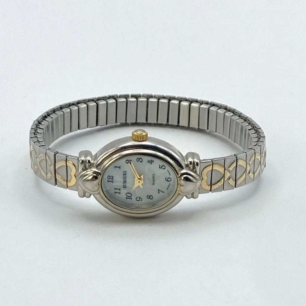 Vtg Rumours Womens Watch Heart Silver Gold Tone MOP Stretch New Battery SMALL 6